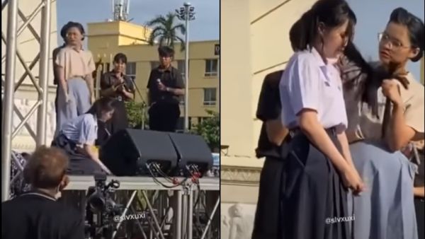 At a recent rally two girls acted out a teacher cutting off a pupil's hair. (TikTok Video Screenshots)