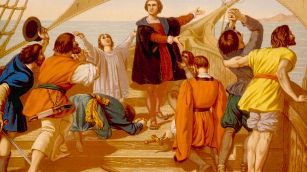 Christopher Columbus' first view of the New World on October 12, 1492 as depicted in a chromolithograph from 1892  (Shutterstock)	