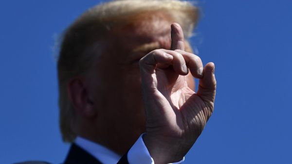US President Donald Trump gestures as he speaks outside Mariotti Building Products in Old Forge, Pennsylvania, on August 20, 2020. Brendan Smialowski / AFP