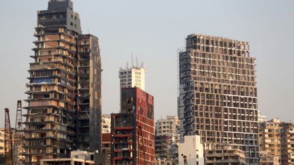 Heavily damaged buildings in the Beirut neighbourhood of Mar Mikhail overlooking the city's port are pictured on August 31, 2020 following the August 4 massive chemical explosion at the port which that caused severe damage across swathes of the Lebanese capital. PATRICK BAZ / AFP