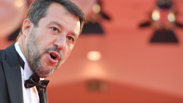 Italian senator and head of the Lega party, Matteo Salvini arrives for the screening of the film "Padrenostro" presented in competition on the third day of the 77th Venice Film Festival, on September 4, 2020 at Venice Lido, during the COVID-19 infection, caused by the novel coronavirus. Tiziana FABI / AFP