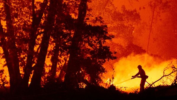 A firefighter douses flames as they push towards homes during the Creek fire in the Cascadel Woods area of unincorporated Madera County, California on September 7, 2020. (AFP/ File Photo)
