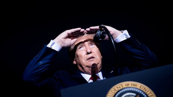 US President Donald Trump looks at the crowd during a campaign rally at the Minden-Tahoe airport in Minden (50miles/80km south of Reno), Nevada on September 12, 2020. Brendan Smialowski / AFP