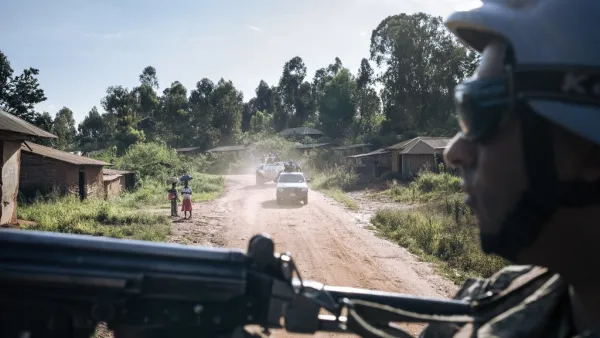 Uruguayan peacekeepers from MONUSCO (The United Nations Organization Stabilization Mission in the Democratic Republic of the Congo) patrol National Road 27 in Ituri province, northeastern Democratic Republic of Congo on September 14, 2020. Along this road, villages and vehicles have been targeted by recurring armed attacks by militiamen. Since the end of 2017, the conflict in Ituri has resulted in several hundred deaths and more than one and a half million displaced persons. Most of the massacres are attrib