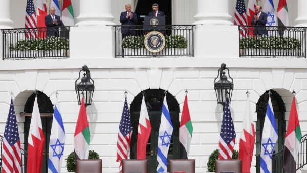 Foreign Affairs Minister of the United Arab Emirates Abdullah bin Zayed bin Sultan Al Nahyan speaks as Prime Minister of Israel Benjamin Netanyahu (L), U.S. President Donald Trump (2-L), and Foreign Affairs Minister of Bahrain Abdullatif bin Rashid Al Zayani (R) look on during the signing ceremony of the Abraham Accords on the South Lawn of the White House September 15, 2020 in Washington, DC. Witnessed by President Trump, Prime Minister Netanyahu signed a peace deal with the UAE and a declaration of intent