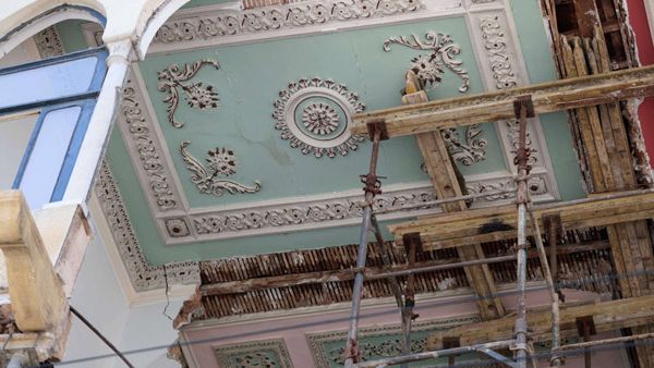 Scaffolding supporting the fractured ceiling of a traditional Lebanese house in Beirut, in the aftermath of the monster explosion at the port of Lebanon’s capital. (AFP)