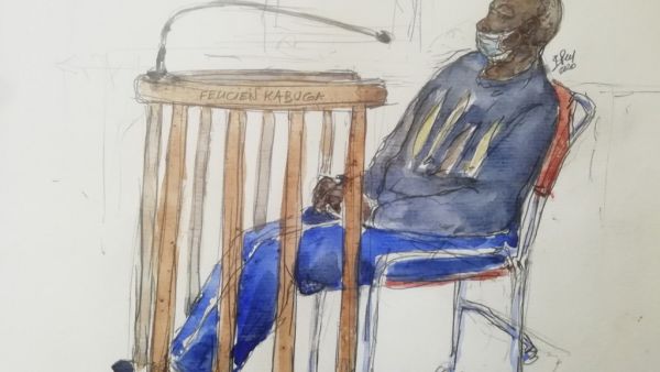 Ths file courtroom sketch made on May 20, 2020 shows Felicien Kabuga, one of the last key suspects in the 1994 Rwandan genocide, wearing a protective face mask as a protection due to the spread of the COVID-19 pandemic, caused by th novel coronavirus as he appeared publicly for the first time at the Paris Court of Appeal. The Court of Cassation in Paris will give its decision on Felicien Kabuga's appeal against his surrender to international justice on September 30, 2020. Accused of being the "financier" of