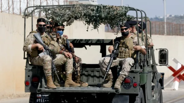Lebanese troops patrol the area around the UNIFIL base where Israel's and Lebanon's delegtaions were having their first round of talks in the southern Lebanese border town of Naqura on October 14, 2020 on the demarcation of the maritime frontier between the two countries, still technically in a state of war. Lebanon and Israel, still technically at war, began unprecedented talks sponsored by the United Nations and the United States today to settle a maritime border dispute and clear the way for oil and gas 