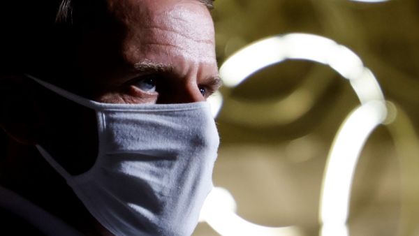 French President Emmanuel Macron delivers a speech at the end of a visit on the fight against separatism at the Seine Saint Denis prefecture headquarters in Bobigny, northeastern suburbs of Paris, on October 20, 2020. Ludovic MARIN / POOL / AFP