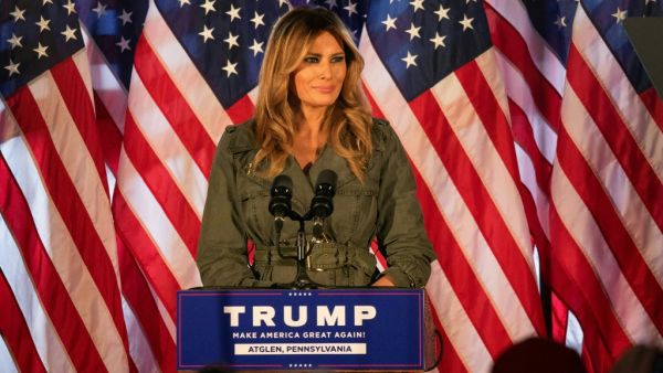First Lady Melania Trump speaks to President Trump's supporters at a Make America Great Again event in Atglen, Pennsylvania, on October 27, 2020. GABRIELLA AUDI / AFP