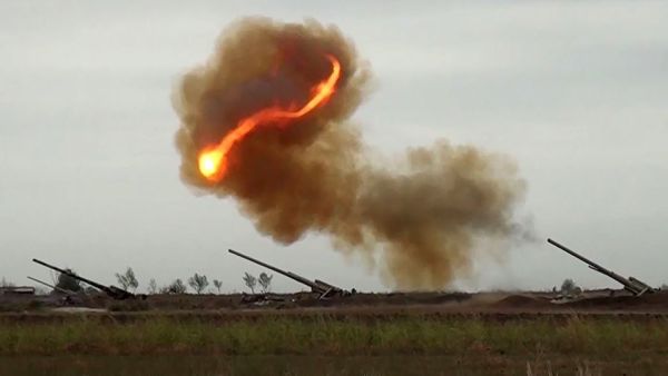 An Azerbaijani artillery strike towards the positions of Armenian separatists in the breakaway region of Nagorno-Karabakh (Twitter)