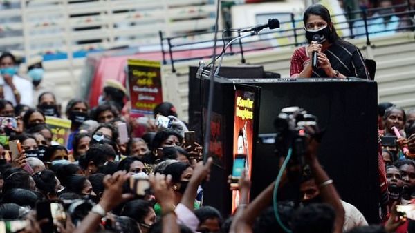 M.K. Kanimozhi, a Member of Parliament and Dravida Munnetra Kazhagam (DMK) women's wing Chief speaks during a protest march to condemn the alleged gang-rape and murder of the 19-year-old in Bool Garhi village of Uttar Pradesh state (AFP)