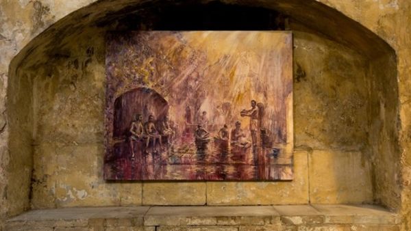 An installation view of Young's 'Sauna men.' (Photo by Elsie Haddad)