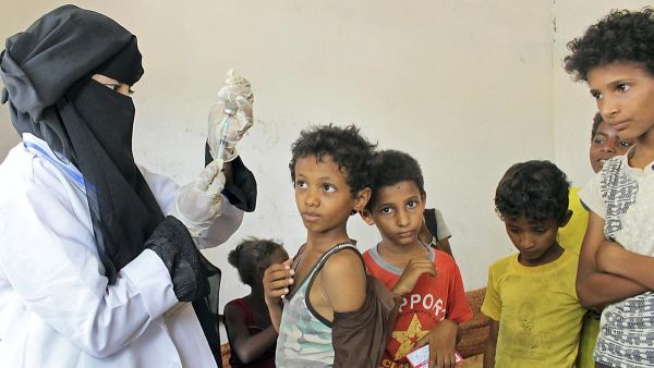 A Yemeni child receives an anti-diphtheria vaccine in a health centre in the northern district of Abs, Hajjah province. AFP