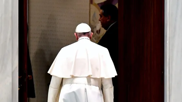 Pope Francis leaves at the end of weekly general audience in the Paul VI hall at the Vatican, on October 28, 2020. Tiziana FABI / AFP