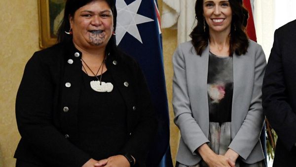 This file photo taken on February 28, 2020 shows New Zealand's Prime Minister Jacinda Ardern (R) and New Zealand's then-Minister of Maori Development and Local Government (L) Nanaia Mahuta posing for photographs after the signing of the Indigenous Collaboration Arrangement with their Australian counterparts at Admiralty House in Sydney. BIANCA DE MARCHI / POOL / AFP