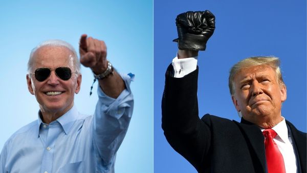 This combination of pictures created on October 30, 2020 shows Democratic Presidential candidate and former US Vice President Joe Biden gestures prior to delivering remarks at a Drive-in event in Coconut Creek, Florida, on October 29, 2020 and US President Donald Trump pumps his fist as he arrives to a campaign rally at Green Bay Austin Straubel International Airport in Green Bay, Wisconsin on October 30, 2020. AFP