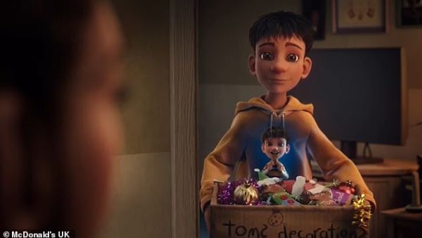 When the family return home, Tom gets the basket of decorations and helps his mum put them up, before digging out the saved carrots out and leaving on the fireplace for Santa's reindeer. (McDonald's UK)