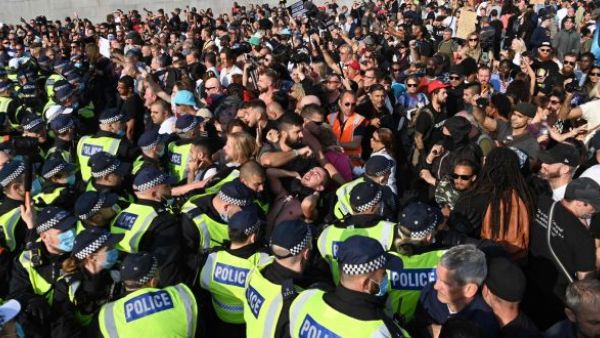 Demonstrators at an anti-vaccination, anti-lockdown rally at Trafalgar Square, central London, England. Photograph: Daniel Leal-Olivas/AFP via Getty Images