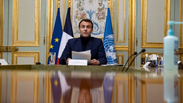 French President Emmanuel Macron gives the opening speech of a video international donor conference for Lebanon at the Elysee presidential Palace in Paris on December 2, 2020. Ian LANGSDON / POOL / AFP