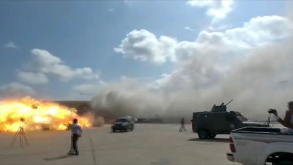 A video grab shows the moment an ordnance hit the airport in the southern Yemeni port city of Aden on December 30, 2020, shortly after the arrival of a plane carrying members of a new unity government. Explosions rocked Yemen's Aden airport on Wednesday shortly after the arrival of a plane carrying members of a new unity government, an AFP correspondent at the scene said. "At least two explosions were heard as the cabinet members were leaving the aircraft," the correspondent said. Yemen's internationally re