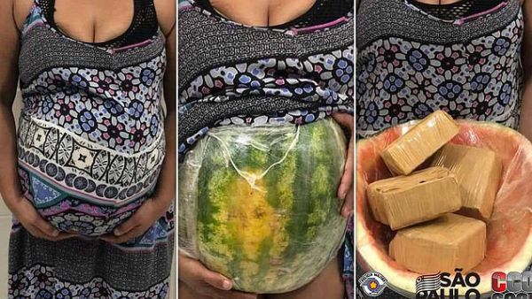 The plot unmasked: A Brazilian drug courier pretended to be pregnant (left), but her belly turned out to be a watermelon (centre) which was filled with bricks of cocaine (right) . (Facebook)