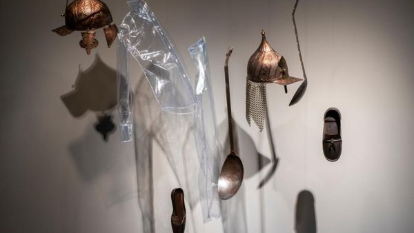 Katinka Bock, Possible Confusions, 2020. Coppersmiths: Selami Zan, Nejat Kilic. Tailors: Tulug Unluturk, Celalettin Benli. Fabric, PVC, copper, poem. Dimensions variable. (Courtesy of Pera Museum)