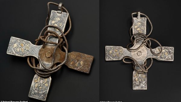 The objects which were dug up were sold to the National Museums Scotland in 2017. Pictured is the cross before its restoration. (National Museums Scotland)