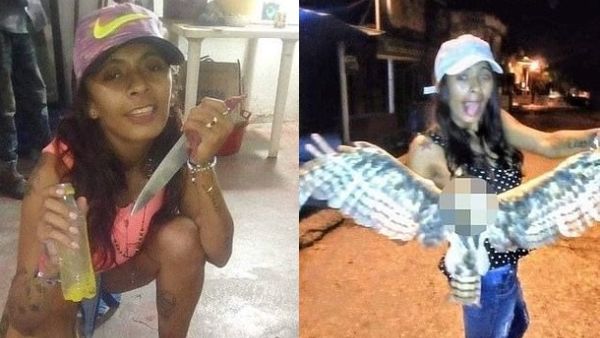 Mileydis Aldana, 21, posing with the owl after she cut its head off (left) and brandishing a knife while holding a bottle of booze. (Social Media)