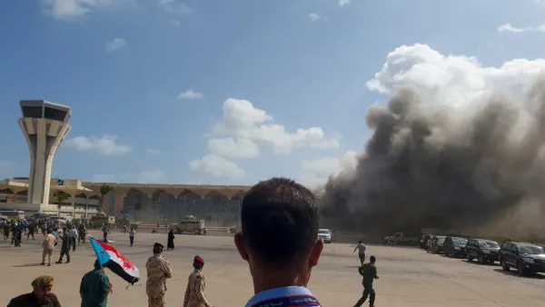 Smoke billows at the Aden Airport on December 30, 2020, after explosions rocked the Yemeni airport shortly after the arrival of a plane carrying members of a new unity government.  AFP