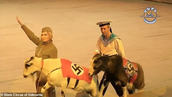 Prosecutors in Russia have launched a probe into a circus performance featuring a monkey in Nazi uniform and a goats parading in swastikas.(State Circus of Udmurtia)