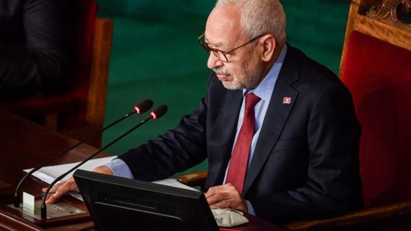Tunisian Assembly (parliament) speaker Rached Ghannouchi attends the presentation of new government ministers before the assembly at its headquarters in the capital Tunis on January 26, 2021. FETHI BELAID / AFP