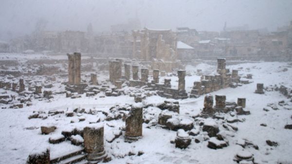 The archaeological site of Baalbek is covered with snow in the eastern Lebanese Bekaa valley, on February 17, 2021. AFP