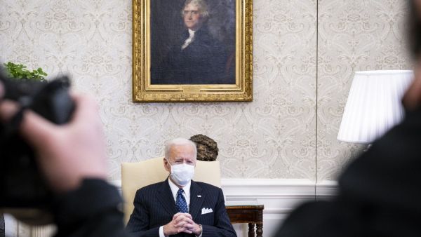  US President Joe Biden speaks as Vice President Kamala Harris and Secretary of the Treasury, Janet Yellen meet with business leaders about the critical need for the American Rescue Plan in the Oval Office at the White House in Washington, D.C., on Tuesday, Feb. 9, 2021. Attending the meeting are Jamie Dimon, Chairman and CEO of JPMorgan Chase, Tom Donohue, CEO at the U.S. Chamber of Commerce, Doug McMillon, President and CEO of Walmart, Sonia Syngal, President and CEO of Gap, Inc. and Marvin Ellison, Presi