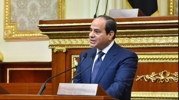 Egyptian President Abdel Fattah al-Sisi giving a speech during his swearing in ceremony on June 2, 2018, for a second four-year term in office, at the parliament meeting hall in Cairo. (Egyptian presidency / AFP )