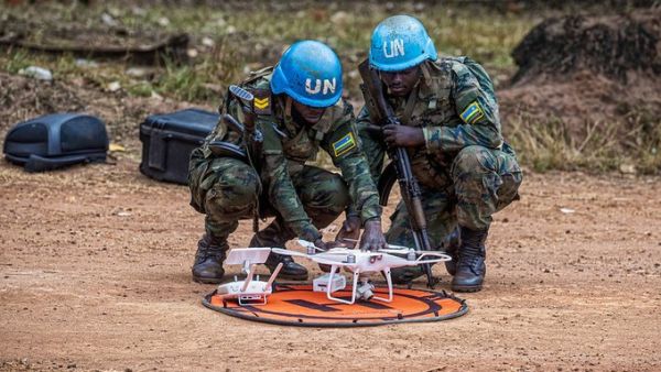 In Bangassou, Central African Republic, two Rwandan Flag of Rwanda Blue Helmets of @UN_CAR  prepare to launch an observation drone. (Twitter/ UN)