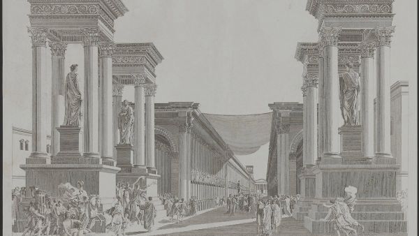 Imaginary view of Tetrapylon with agora in background, anonymous artist after Louis-François Cassas, ca. 1799. Proof-plate etching. 17.3 x 27.9 in. (44 x 71 cm). (Getty Research Institute, 84001)