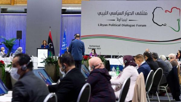 Delegates at the opening of the Libyan Political Dialogue Forum on February 1, 2021 near Geneva choose a new temporary executive to lead the country through a transition until scheduled December elections. (AFP)