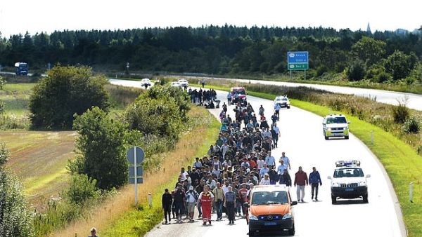 Pictured: Migrants, mainly from Syria and Iraq, walk at the E45 freeway from Padborg, on the Danish-German border, heading north to try to get to Sweden on September 9, 2015. (AFP) Syrian refugees in Denmark to be stripped of their residency permits.