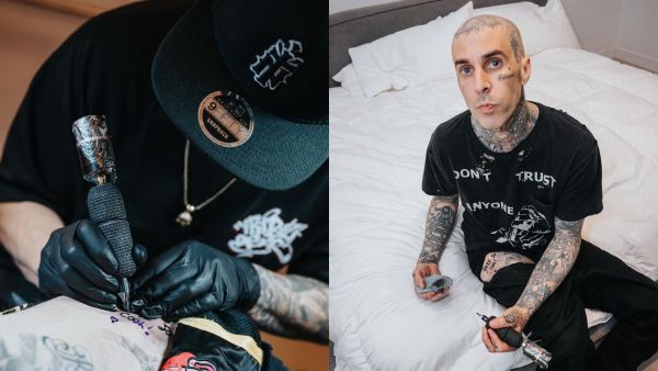 Travis Barker tattooed his right thigh with a line from True Romance 'You're so cool!'