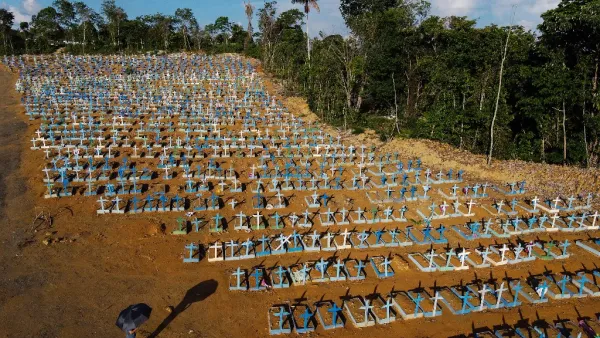 An aerial view of the burial site reserved for victims of the COVID pandemic at the Nossa Senhora Aparecida cemetery in Manaus.