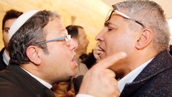 Jewish Power party’s Itamar Ben Gvir (L) with Arab candidate  Ata Abu Medeghem 