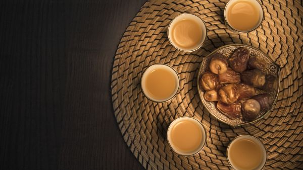 Flat lay dates with Arabian coffee