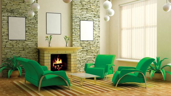 يشيع كل من ورق الجدران، والأقمشة باللون الأخضر الليموني، والأزرق يشيع كل من ورق الجدران، والأقمشة باللون الأخضر الليموني، والأزرق