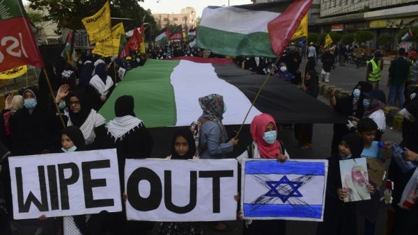 Demonstrators take part in a protest rally against Israel's attacks on the Palestinian Gaza Strip, in Karachi on May 16, 2021.  
