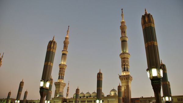 Amazing wide panorama of Holy Kaaba inside Masjid Al Haram or Grand Mosque of Mecca.
