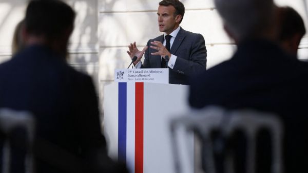 French President Emmanuel Macron speaks during a press conference upon the 22nd German-French Ministerial Council videoconference at the Elysee presidential palace in Paris, on May 31, 2021