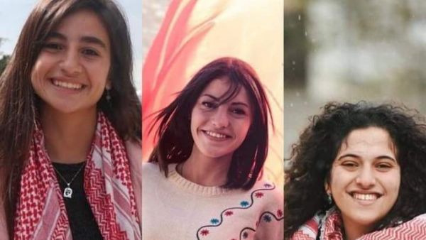 Ruba Assi (L) was sentenced to 21 months in prison by an Israeli military "court". Shatha Altaweel (center) was sentenced to 14 months and Lyan Kayed (R) to 16. They are all Birzeit university students persecuted for their student activism. 