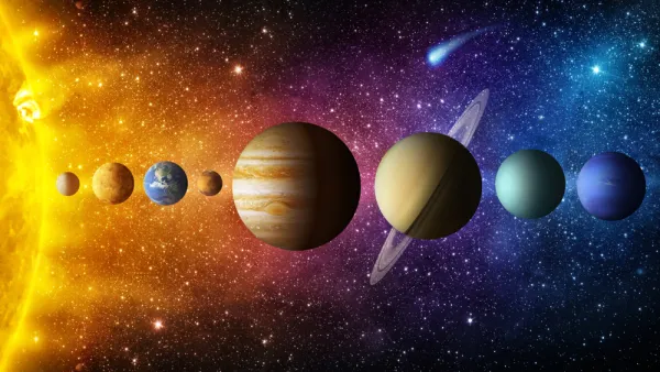 Solar system planet, comet, sun and star