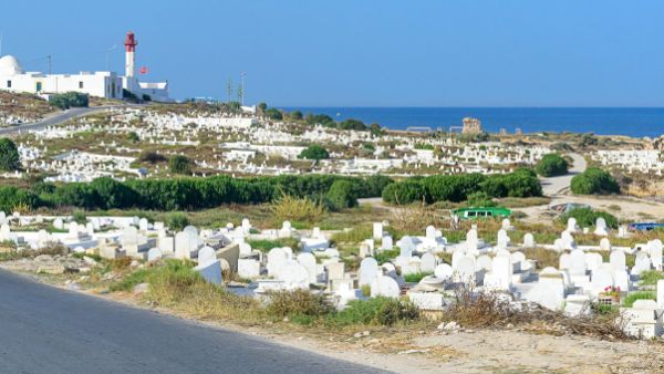 View of the cemetery and the Mediterranean Sea in the city of Mahdia, Tunisia